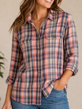 Chaps Plaid Button Down Shirt Women’s 1X Pink Blue Orange Cotton Casual